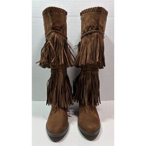 Not Rated G-Funk Women's Fringe Boots Brown Suede Boho Western Mid-Calf Size 7.5